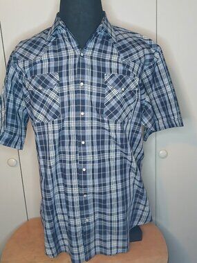 Ely Cattleman Shirt Men 2XL Blue Plaid Short Sleeve Western Pearl Snaps (860A4)